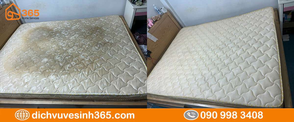 Nệm lò xo trước và sau khi giặt sạch bằng máy công nghiệp