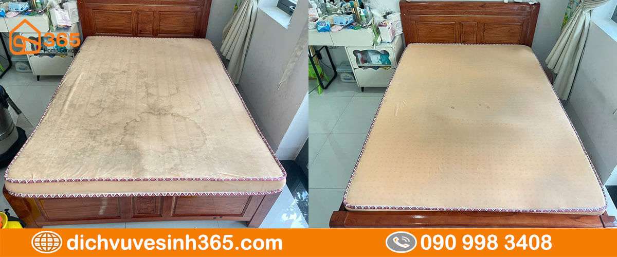 Giặt nệm bị dính nước ngọt – trước và sau