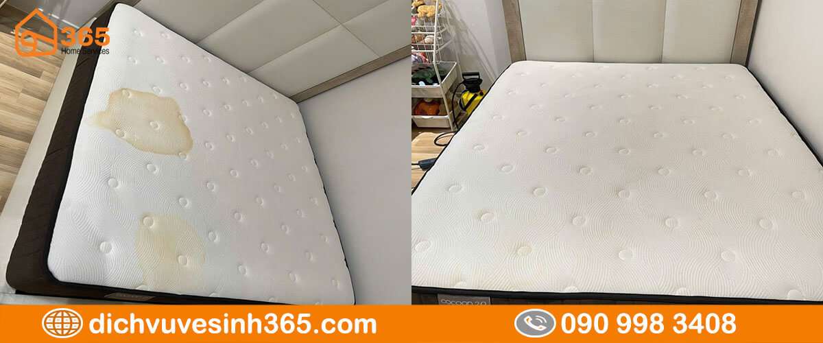 Nệm bẩn ố vàng trước và sau khi giặt sạch tại nhà