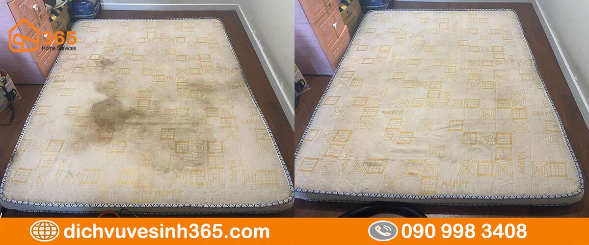 Trước và sau khi giặt nệm bẩn bằng dịch vụ Vệ Sinh 365