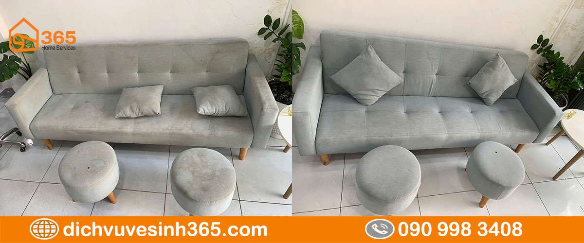 Hình ảnh sofa phòng khách trước và sau khi giặt sạch bụi bẩn