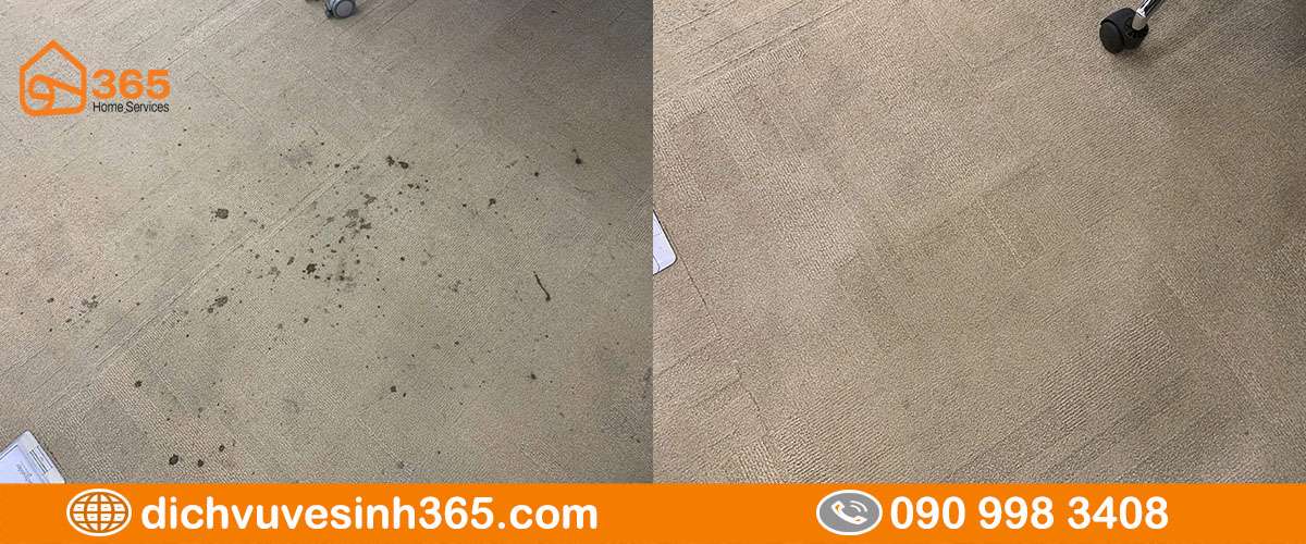 Hình ảnh thảm văn phòng nhiều vết bẩn trước và sau giặt
