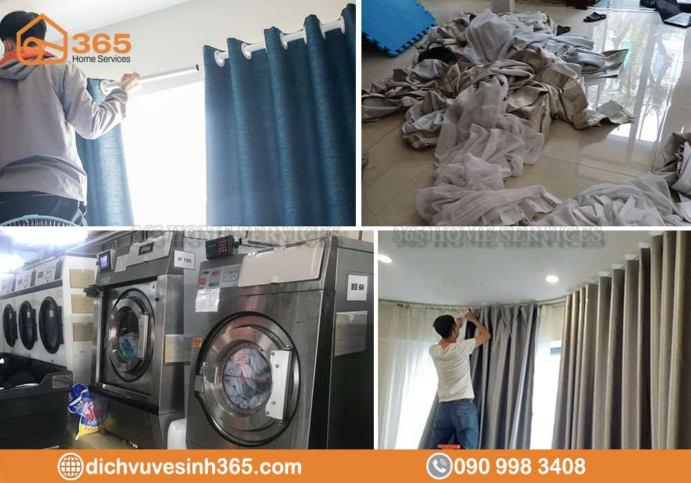 Rèm cửa được giặt sạch trong máy giặt công nghiệp.
