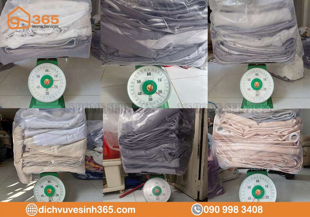 Nhân viên Vệ Sinh 365 cân rèm cửa sau khi giặt để kiểm tra chất lượng