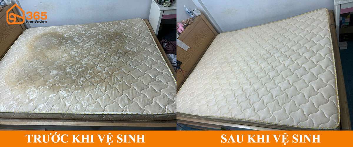 Nệm lò xo trước và sau khi giặt sạch bằng máy công nghiệp